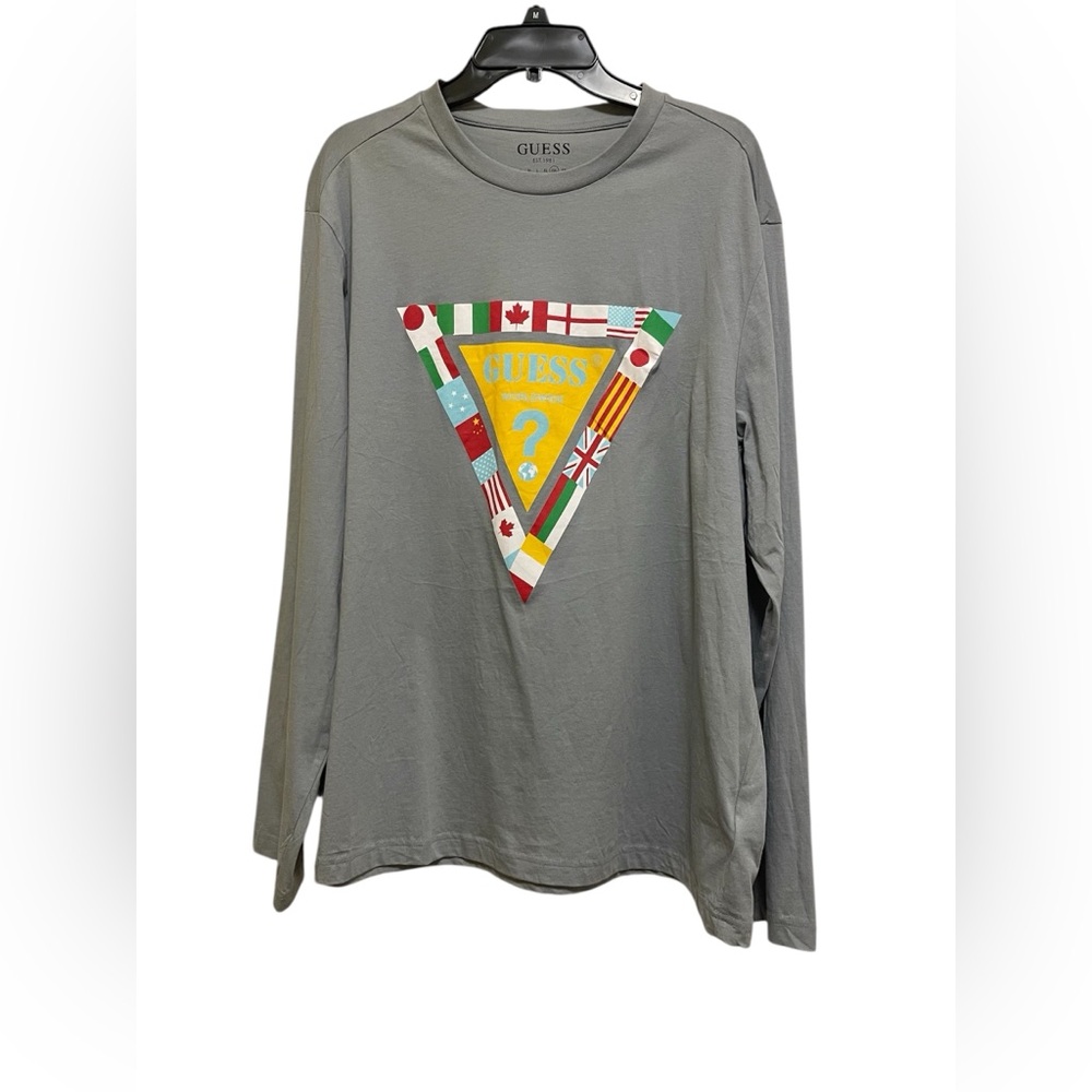 GUESS T-SHIRT MULTICOLOR WORD FLAG DESIGN MEN LONG SLEEVE GREY COLOR SIZE XXL **